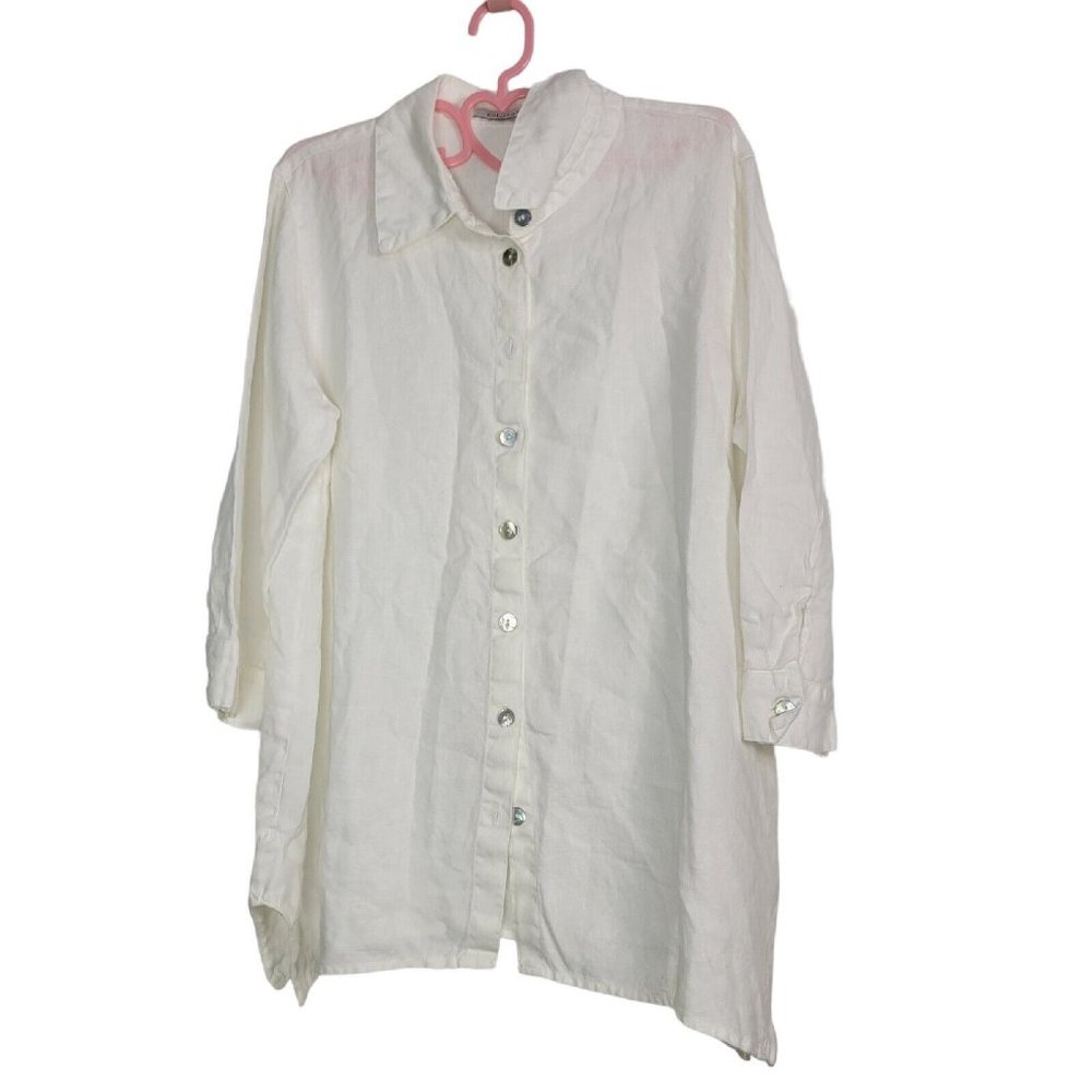 CUT LOOSE Lagenlook White Linen Blend Long Sleeve Tunic Top Button Up Large